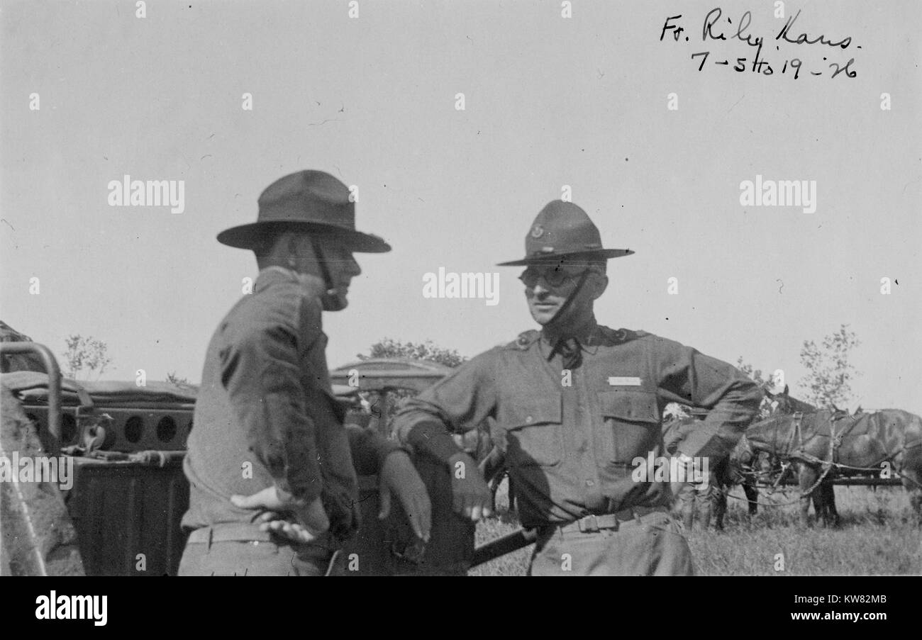 Candid of Harry S Truman, who served as the President of the United States from 1945 to 1953, in military uniform and talking to an unidentified soldier at Fort Riley, Kansas, July, 1926. Image courtesy National Archives. Stock Photo