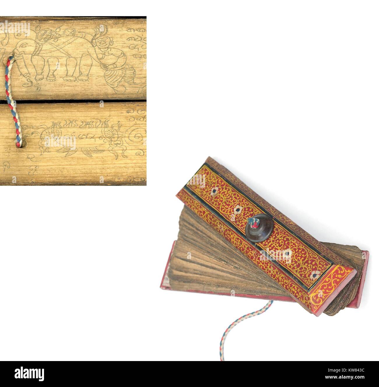 Sinhala palm-leaf medical manuscripts, cover and two leaves, 1700. Courtesy National Library of Medicine. Stock Photo