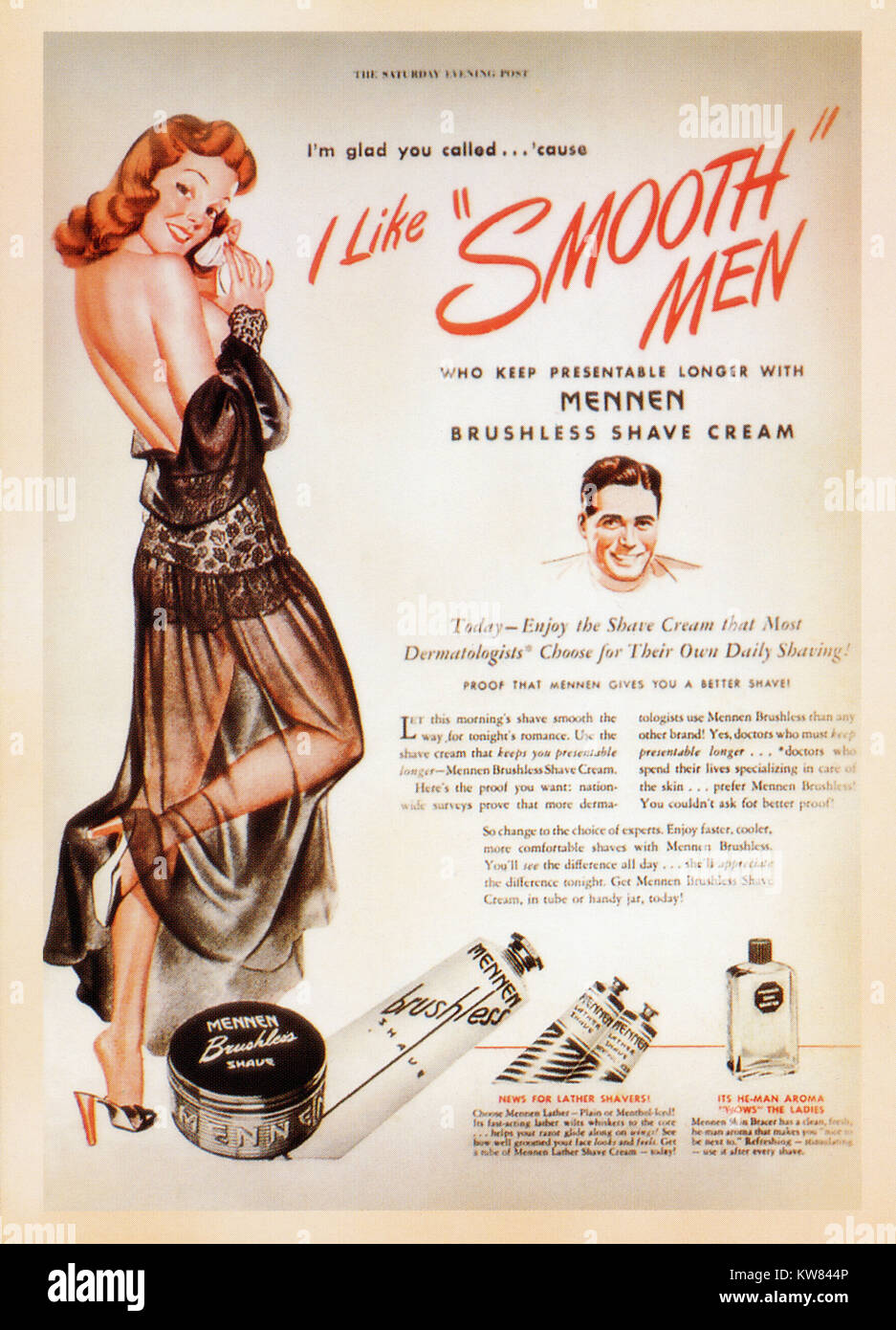 Vintage Poster card - printed during World War Ⅱ. - Showing up The Shaving Cream - Mennen Brushless Shave Cream Stock Photo