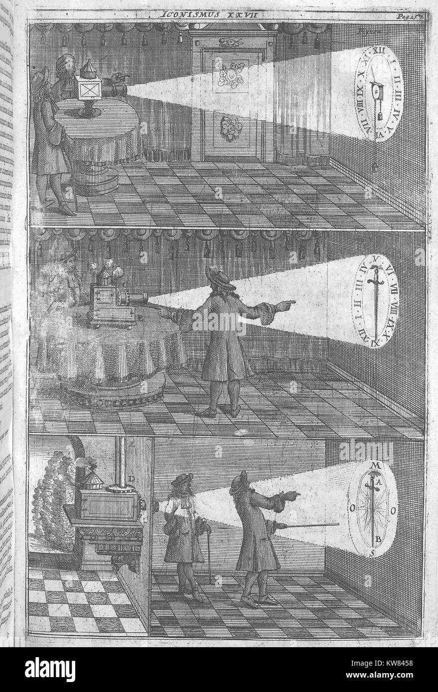 Three vignettes demonstrating light projection apparatus, 1686. Stock Photo