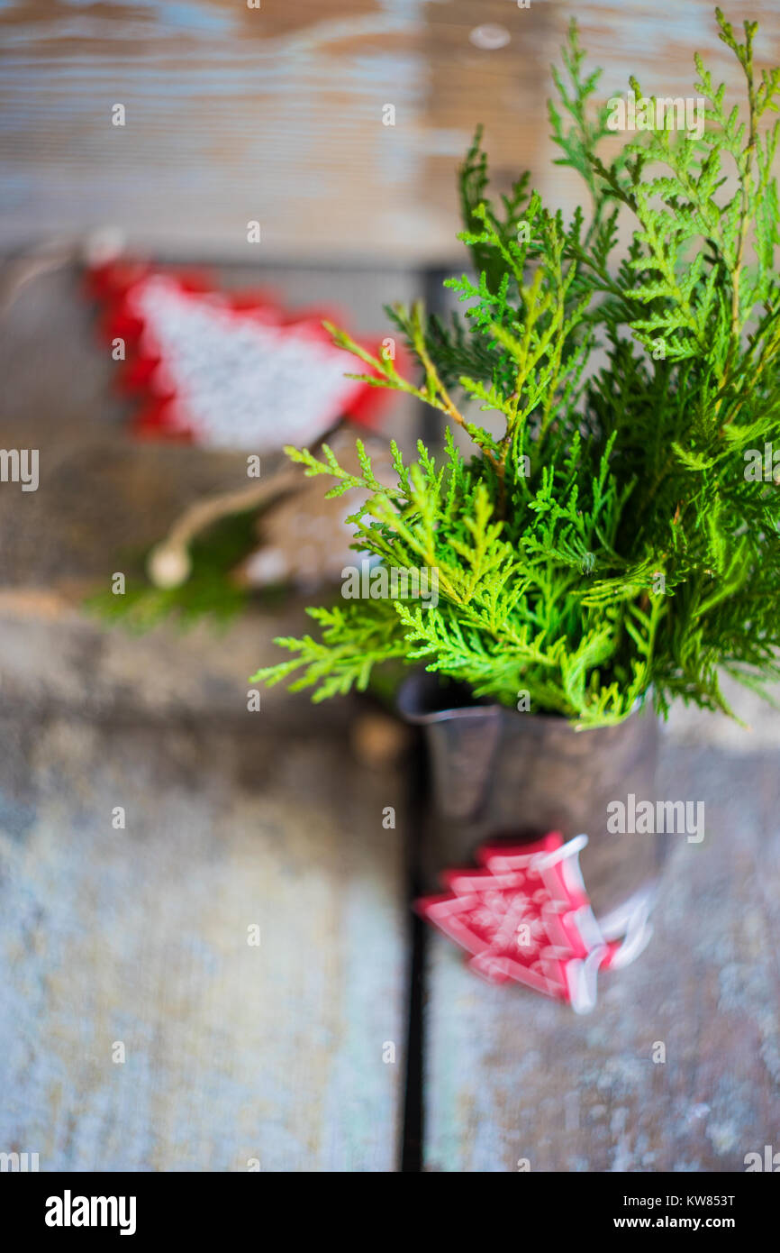 Christmas frame with fir tree branch, red berries and christmas tree ...