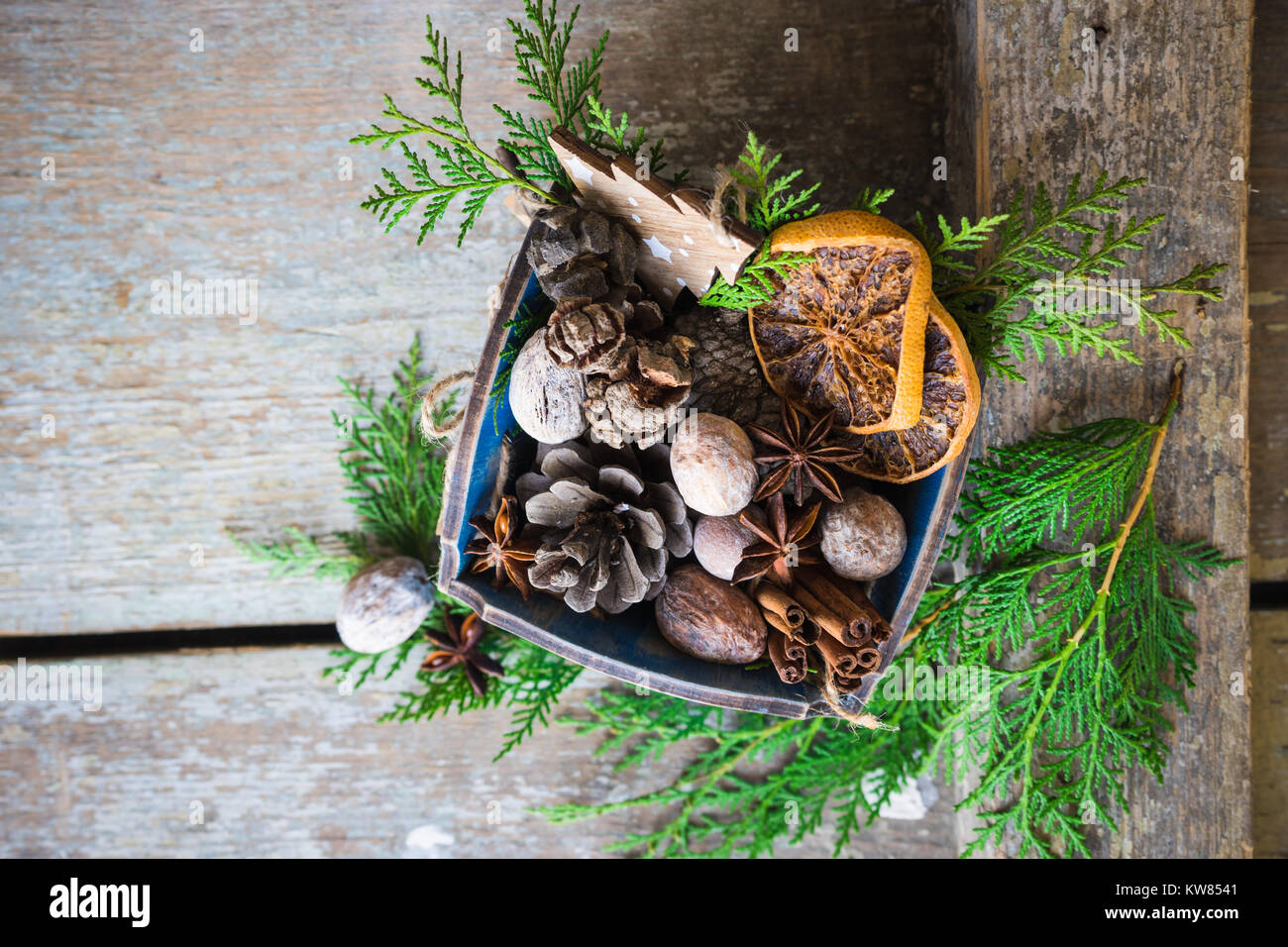 Christmas frame with fir tree branch, red berries and nuts and spices ...