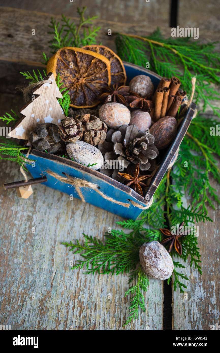 Christmas frame with fir tree branch, red berries and nuts and spices ...