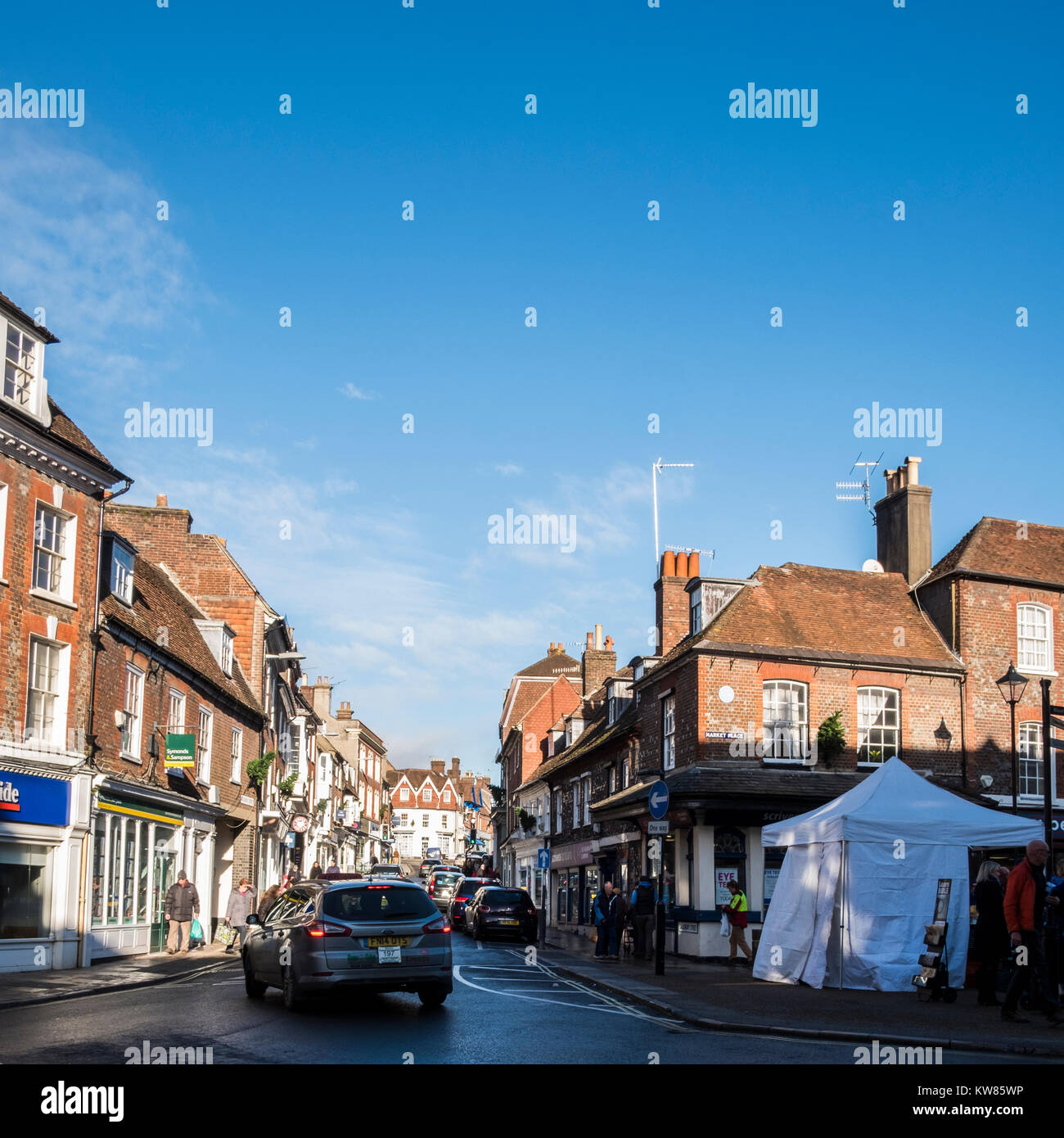 Busy little market town of Blandford Dorset UK with a lot of traffic