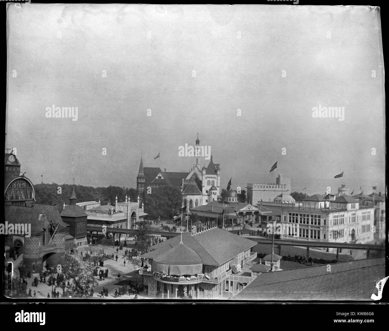 Aerial view of Polish Cafe and Elevated Railroad at the Chicago World's Fair Columbian Exposition. This world's fair was held in Chicago, Illinois from May 1 to October 30, 1893. Image from original camera nitrate negative. Stock Photo