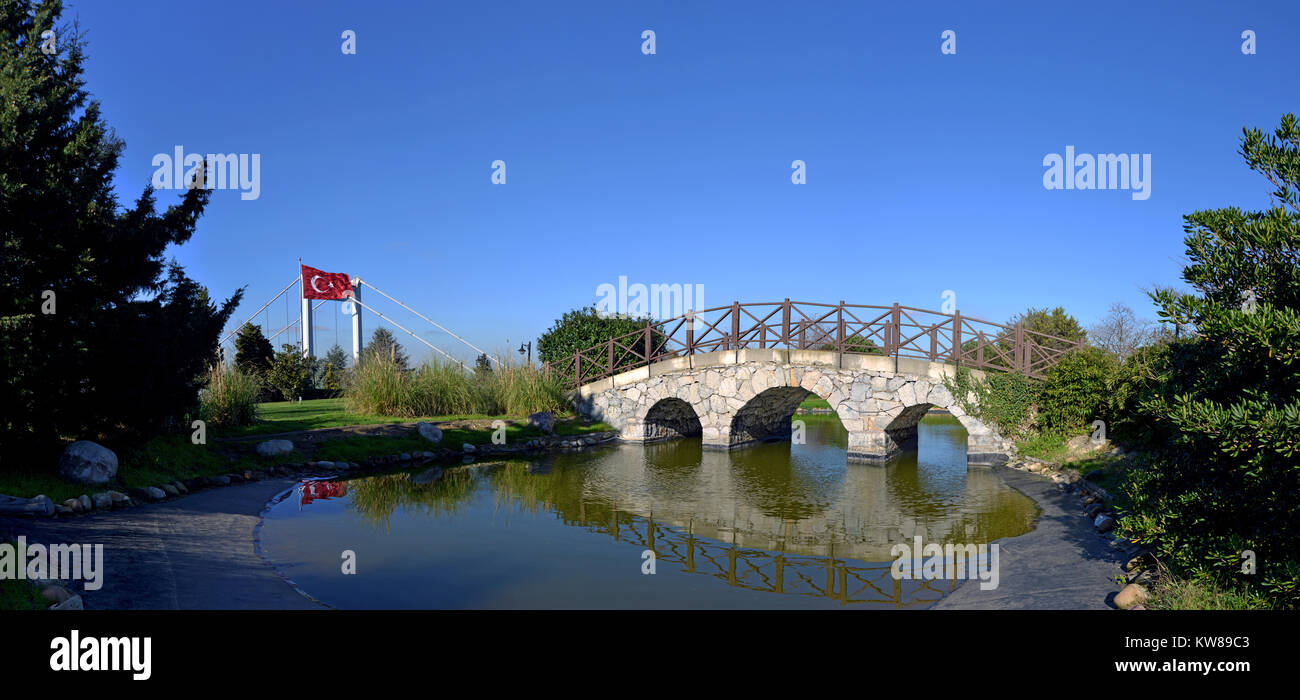Otagtepe is in Anatolian side of Istanbul province.It is scenic park with FSM Bridge and huge poled Turkish Flag. Stock Photo