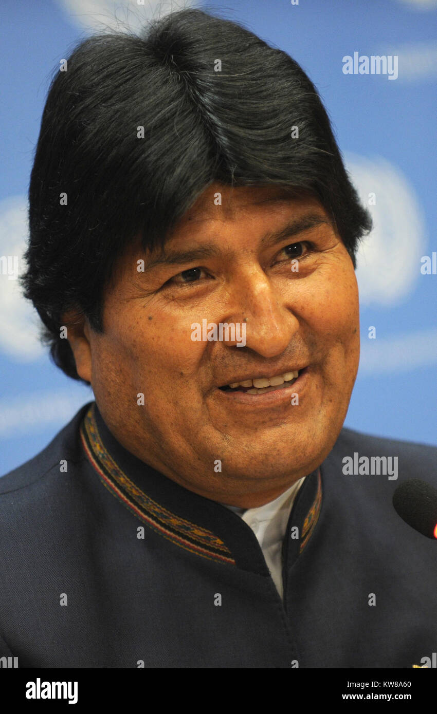 NEW YORK, NY - SEPTEMBER 24:  Bolivian President Evo Morales addresses the U.N. General Assembly on September 24, 2013 in New York City. Over 120 prime ministers, presidents and monarchs are gathering this week for the annual meeting at the temporary General Assembly Hall at the U.N. headquarters while the General Assembly Building is closed for renovations  People:  Bolivian President Evo Morales Stock Photo