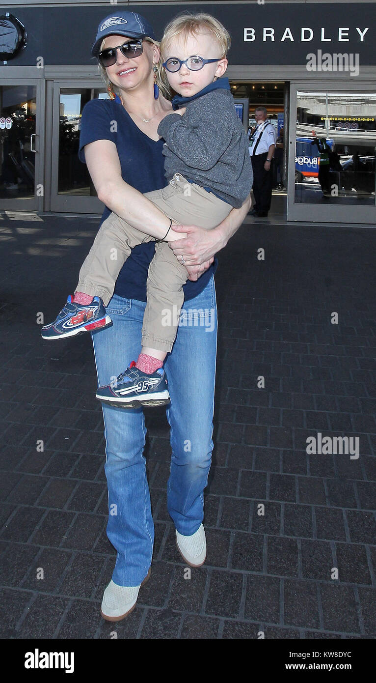 LOS ANGELES, CA - APRIL 21: Anna Faris and son Jack is seen at LAX on
