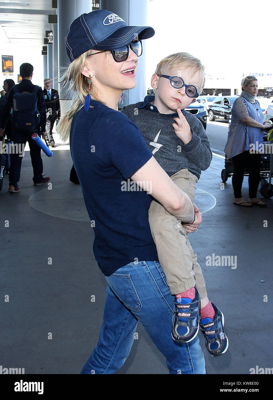 LOS ANGELES, CA - APRIL 21: Anna Faris and son Jack is seen at LAX on