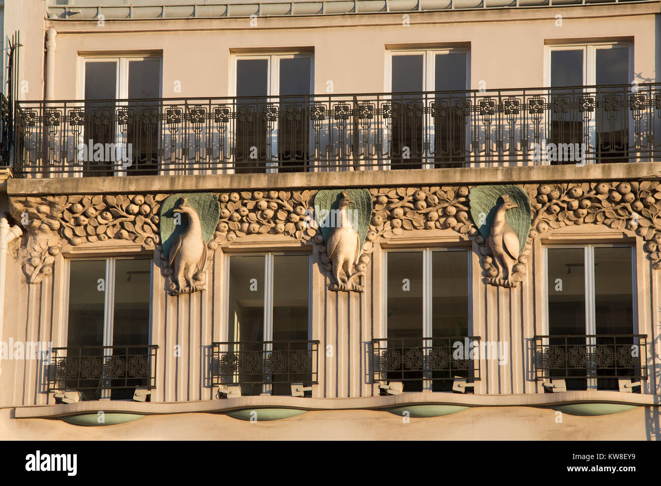 France, Paris (75), wrought iron, balconies of building in the 9th arrondissement. Stock Photo