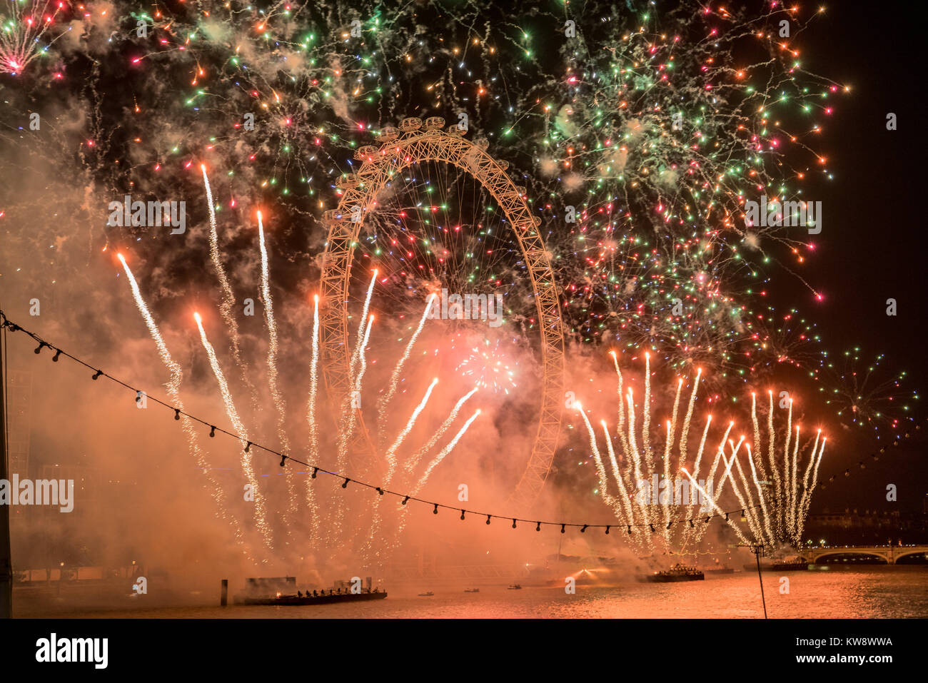 London, England, UK. 31 Dec 2017. Thousands attends the 2018 London’s New Year’s Eve fireworks at the Embankment. Stock Photo