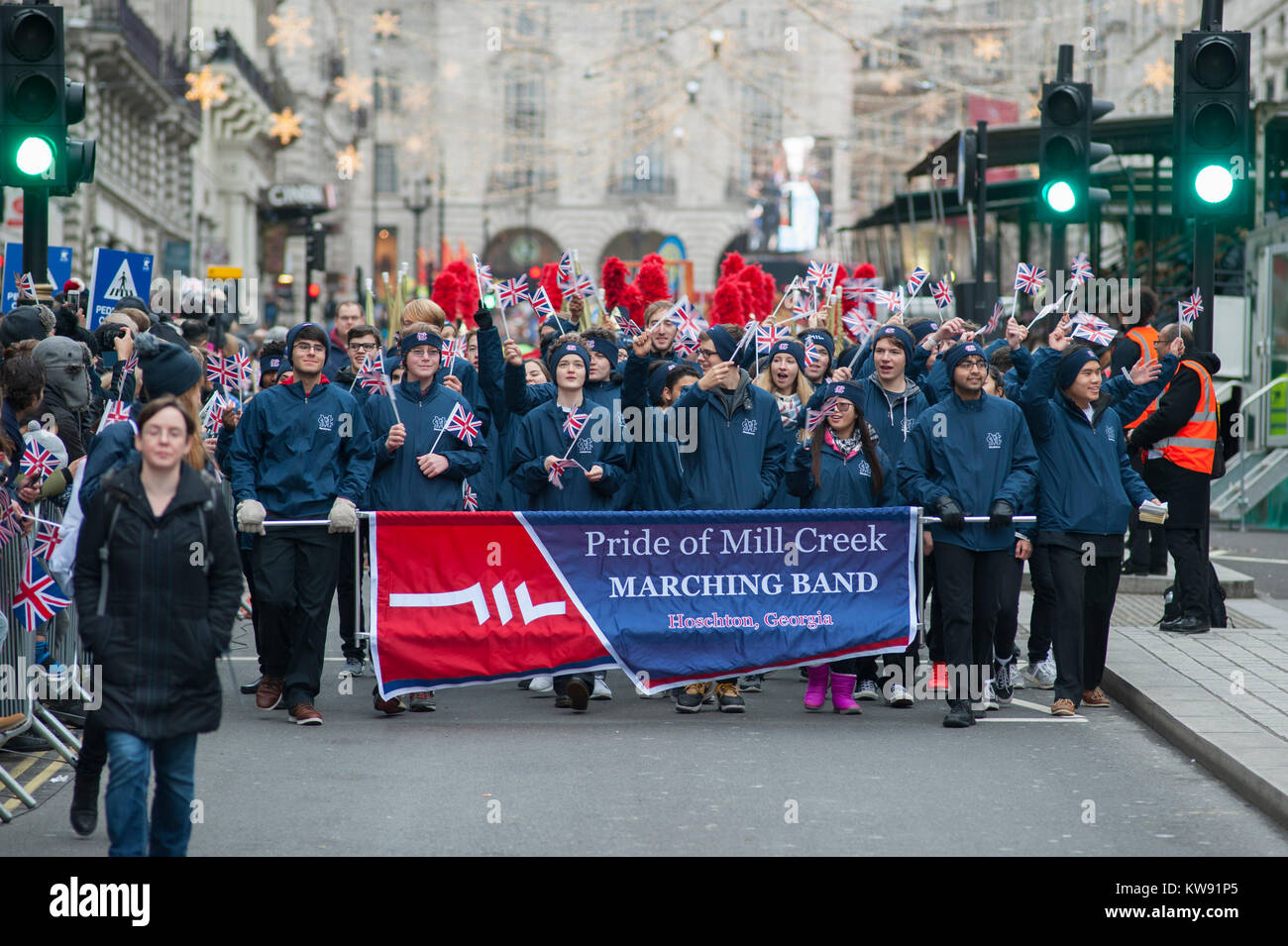 Central London, UK. 1st Jan, 2018. London's spectacular New Year's Day Parade starts at 12 noon in Piccadilly, making it's way down famous West End thoroughfares, finishing in Parliament Square at 3.00pm. Mill Street High School Concert Orchestra from Georgia USA. Credit: Malcolm Park/Alamy Live News. Stock Photo