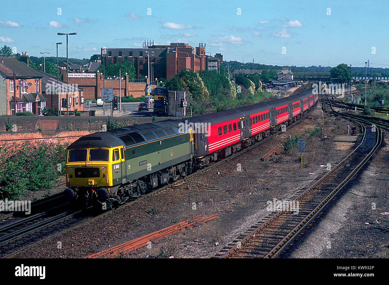A pair of class 47 diesel locomotives numbers 47851 (D1648) and 47826 are top and tailing a Virgin Cross Country service at Eastleigh. 13th July 2002. Stock Photo