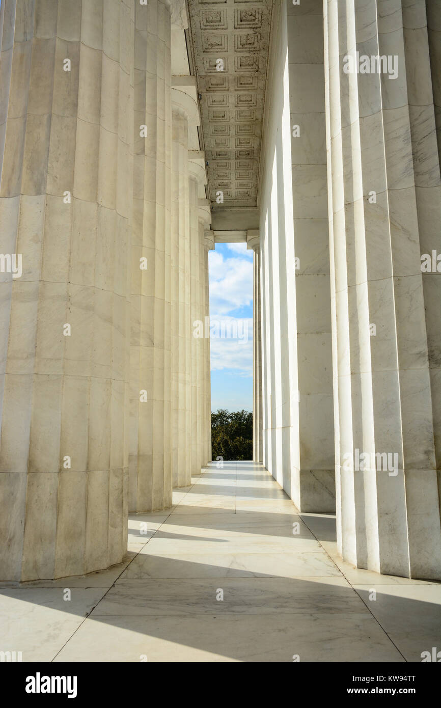Close up interior exterior shot of marble Doric columns and colonnade in the Lincoln Memorial, Washington DC, USA Stock Photo