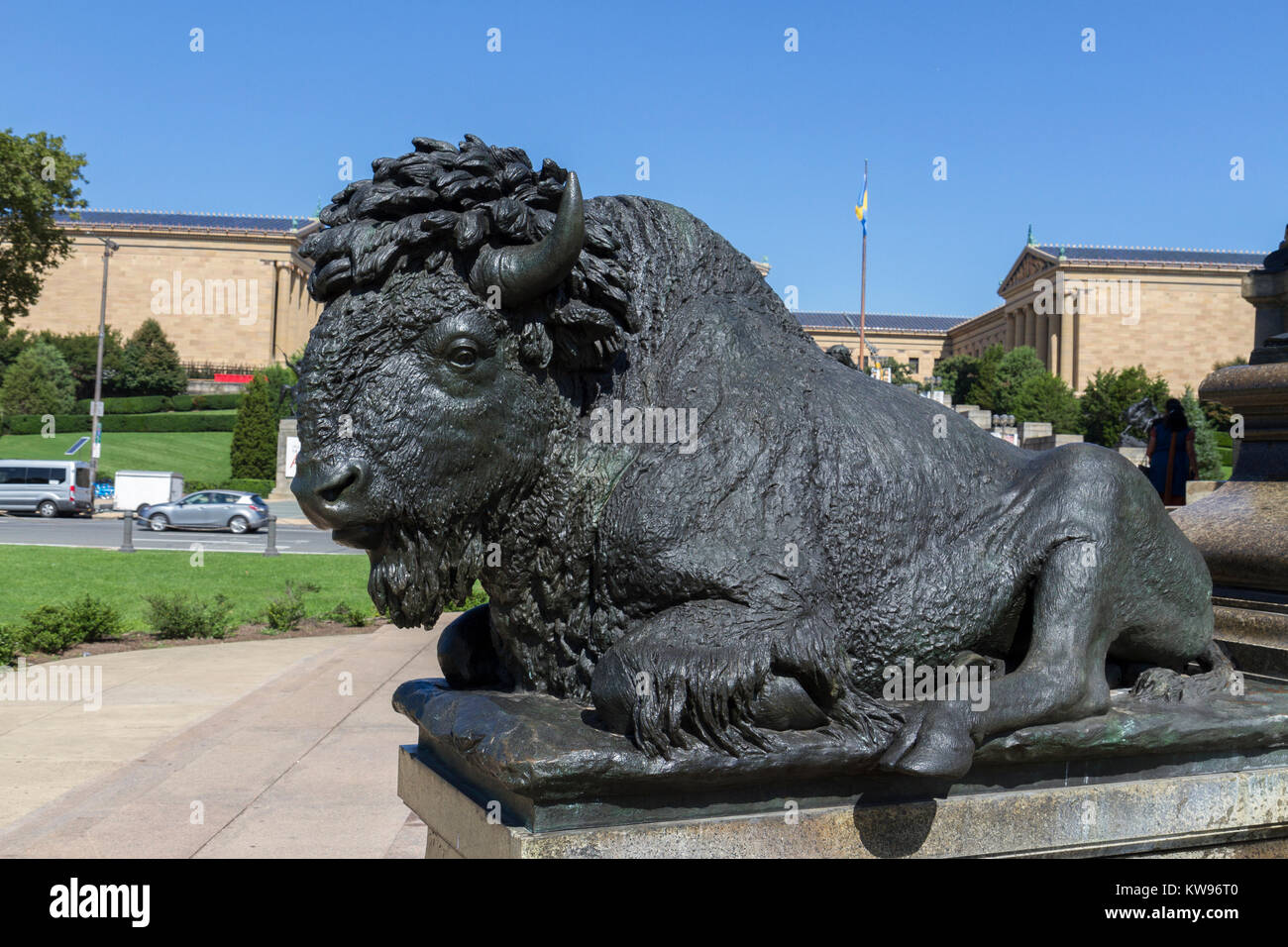 The Buffalo sculpture on the Washington Monument Fountain, Eakins Oval, Philadelphia, Pennsylvania, USA. Stock Photo