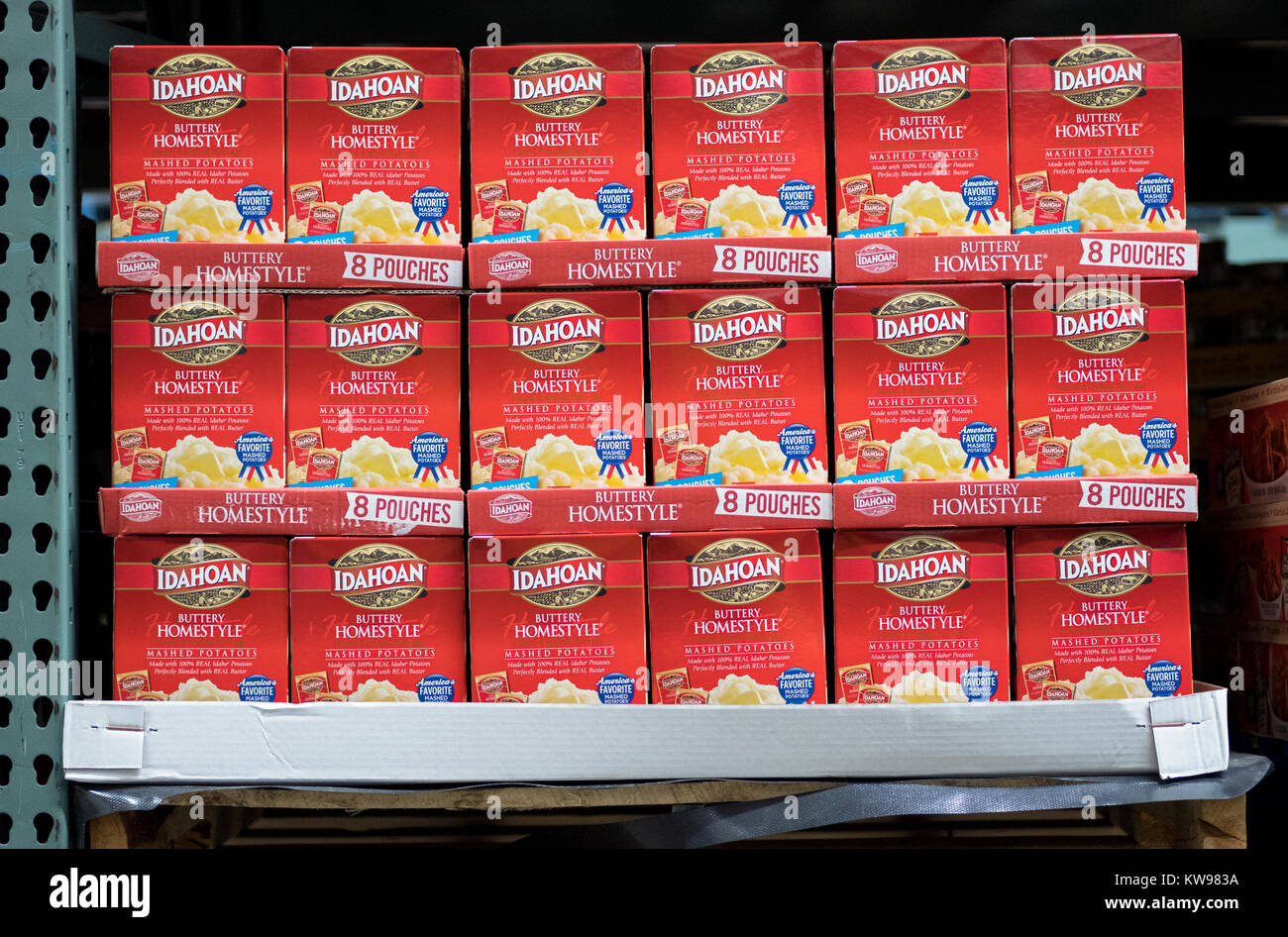 A flat of large size boxes of Idahoan instant buttery homestyle mashed potatoes for sale at the BJ wholesale club in Whitestone, Queens, New York.in Stock Photo