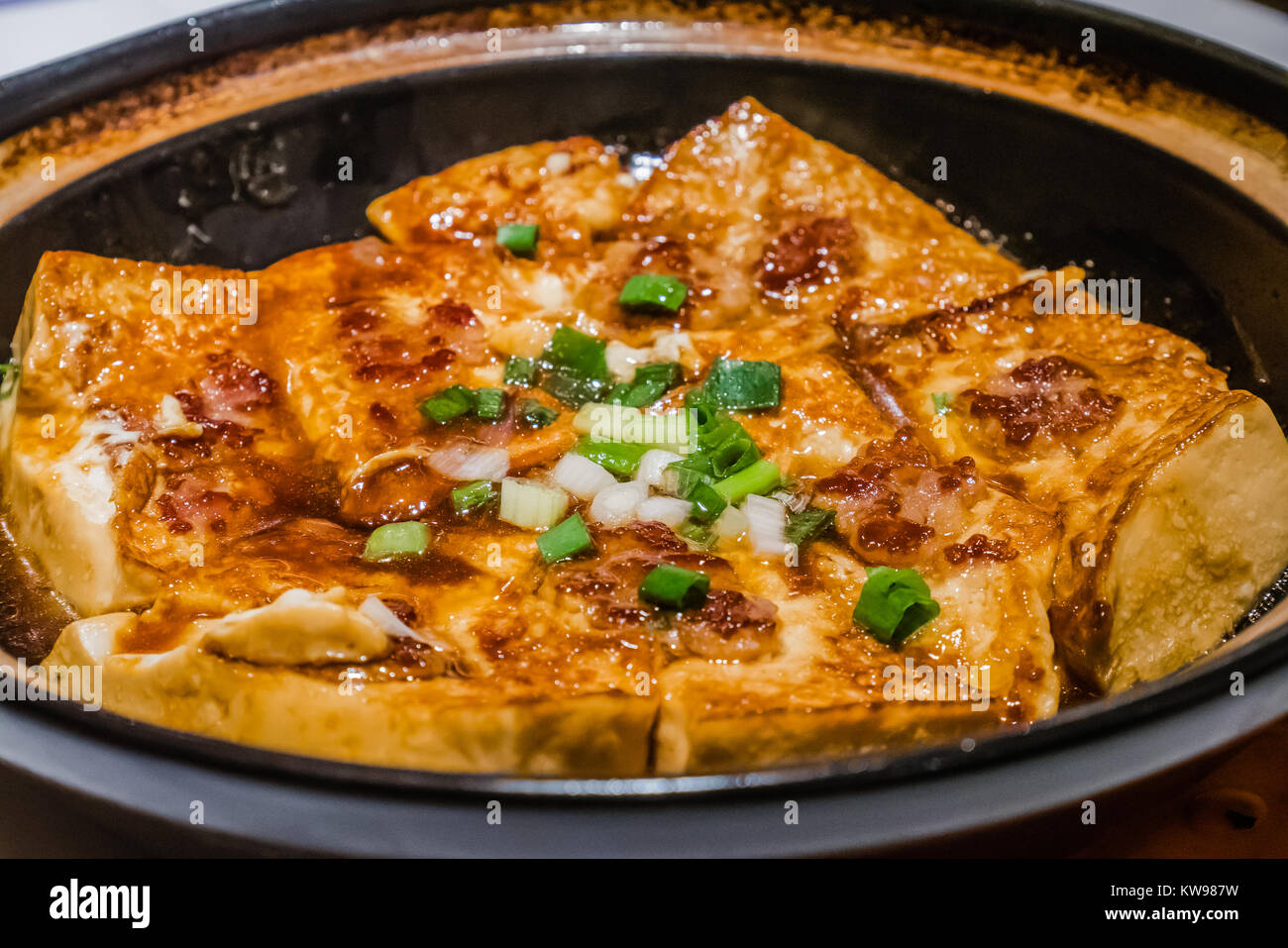 chinese tofu dish with soya sauce and green onion Stock Photo