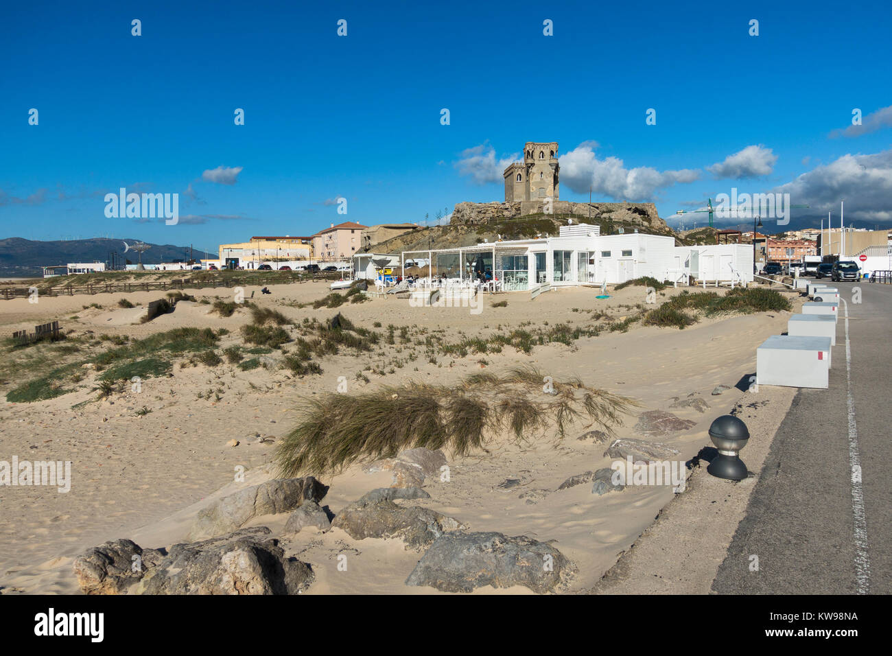 Tarifa with Chiringuito, lounge bar restaurant. Most southern point of Europe, Costa de la Luz, Andalusia, Spain. Stock Photo