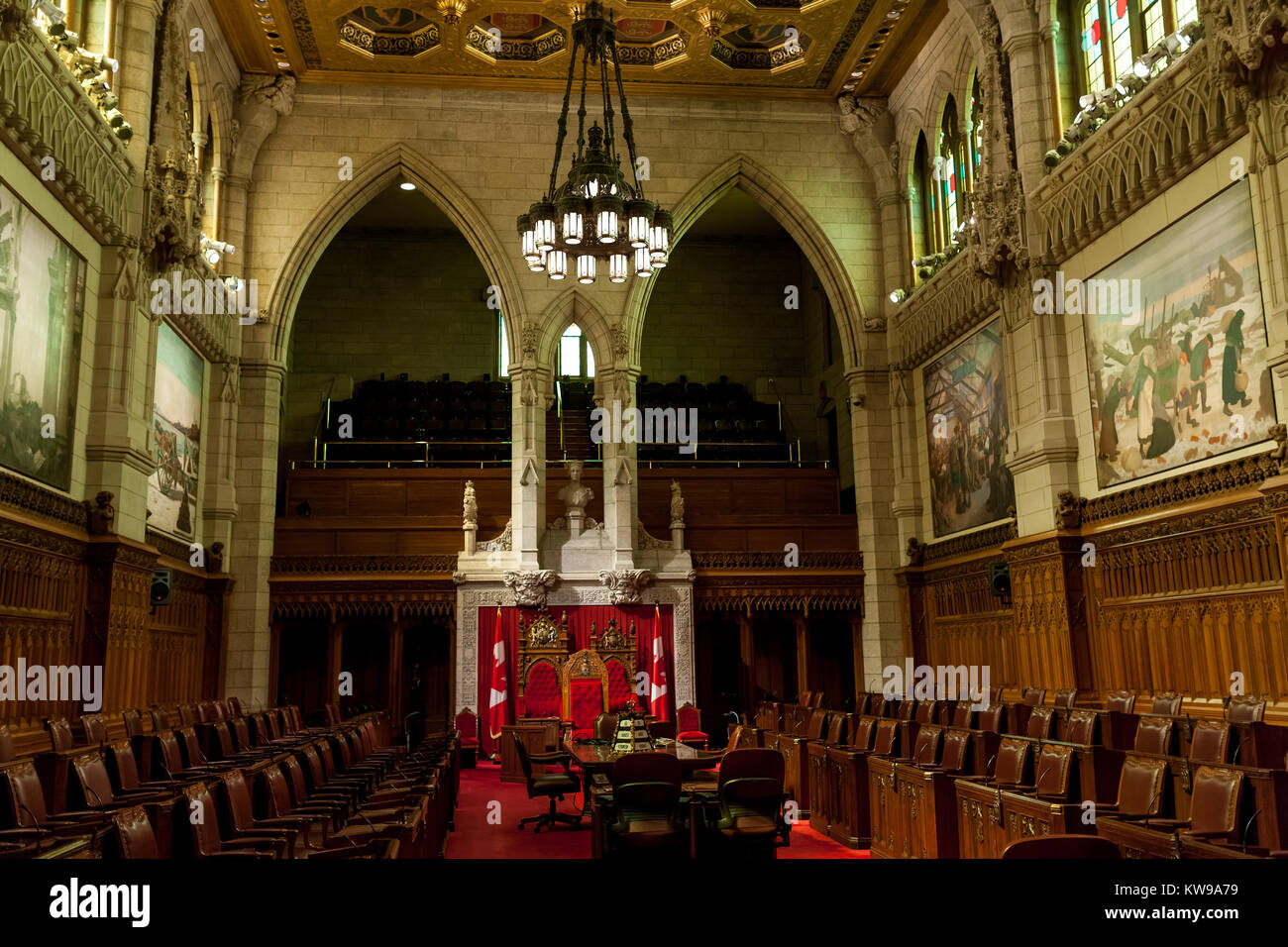 The Senate Chamber located in Centre Block of the Parliament Buildings in Ottawa Canada. Stock Photo