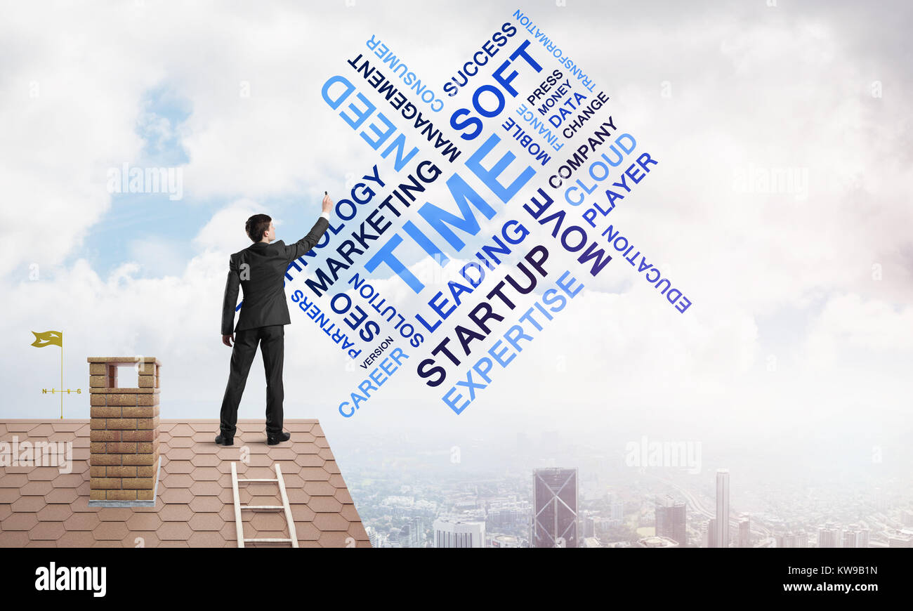 Businessman writing business related and success conceptual words ...