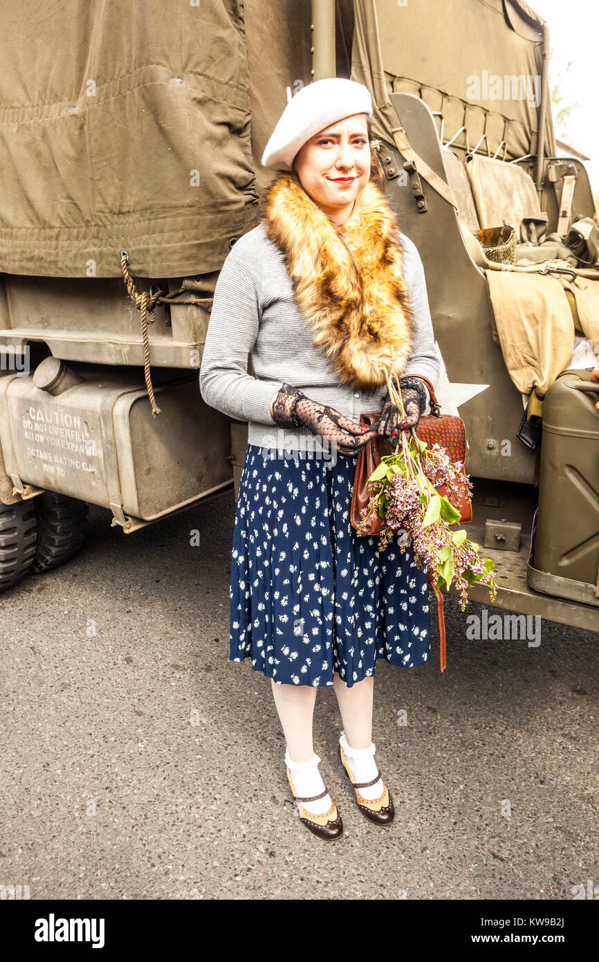 Woman In period clothing, Celebrations of the liberated city, Plzen Czech Town, Pilsen Czech Republic Stock Photo