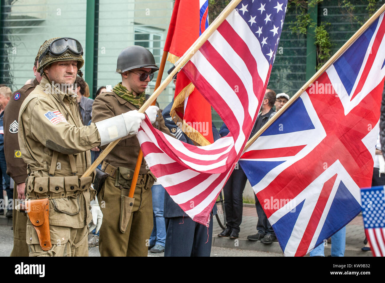 Celebrations of the liberated city, Plzen Czech Town, Pilsen Czech Republic WW2 US Soldiers Stock Photo