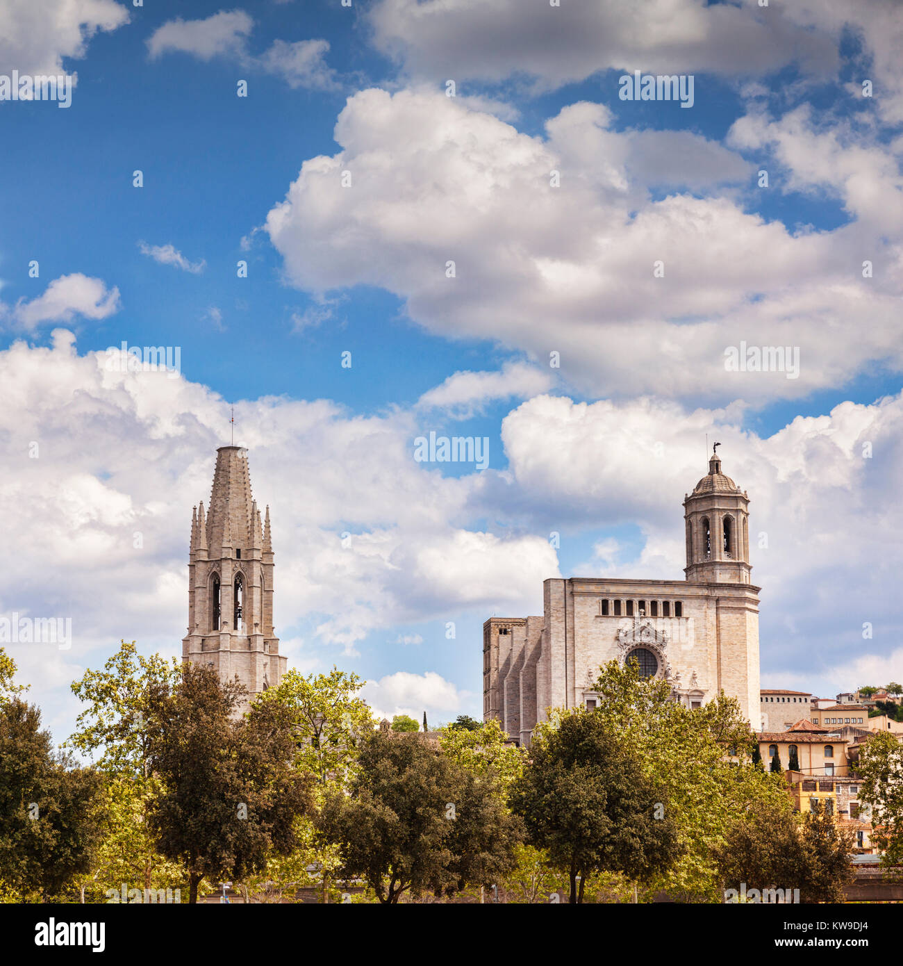 The bell tower of Sant Feliu Collegiate Church, and the Cathedral of Saint Mary of Girona,  Girona, Catalonia, Spain. Stock Photo