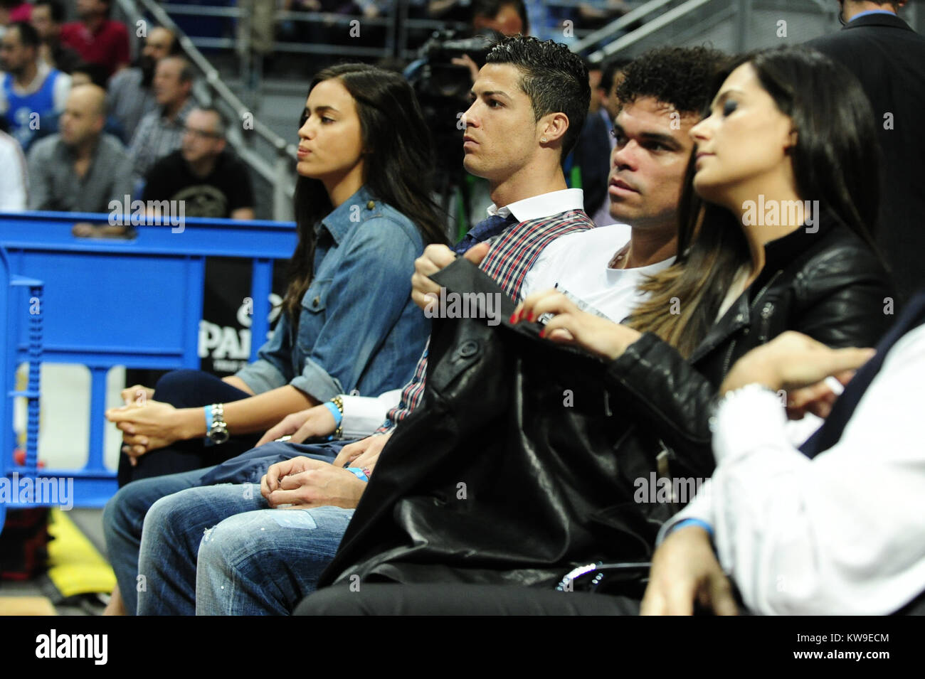 MADRID, SPAIN - MARCH 20: Cristiano Ronaldo, Irina Shayk and Marcelo attend  the basketball match between Real Madrid and CSKA Moscow in Madrid. on  March 20, 2014 in Madrid, Spain People: Cristiano