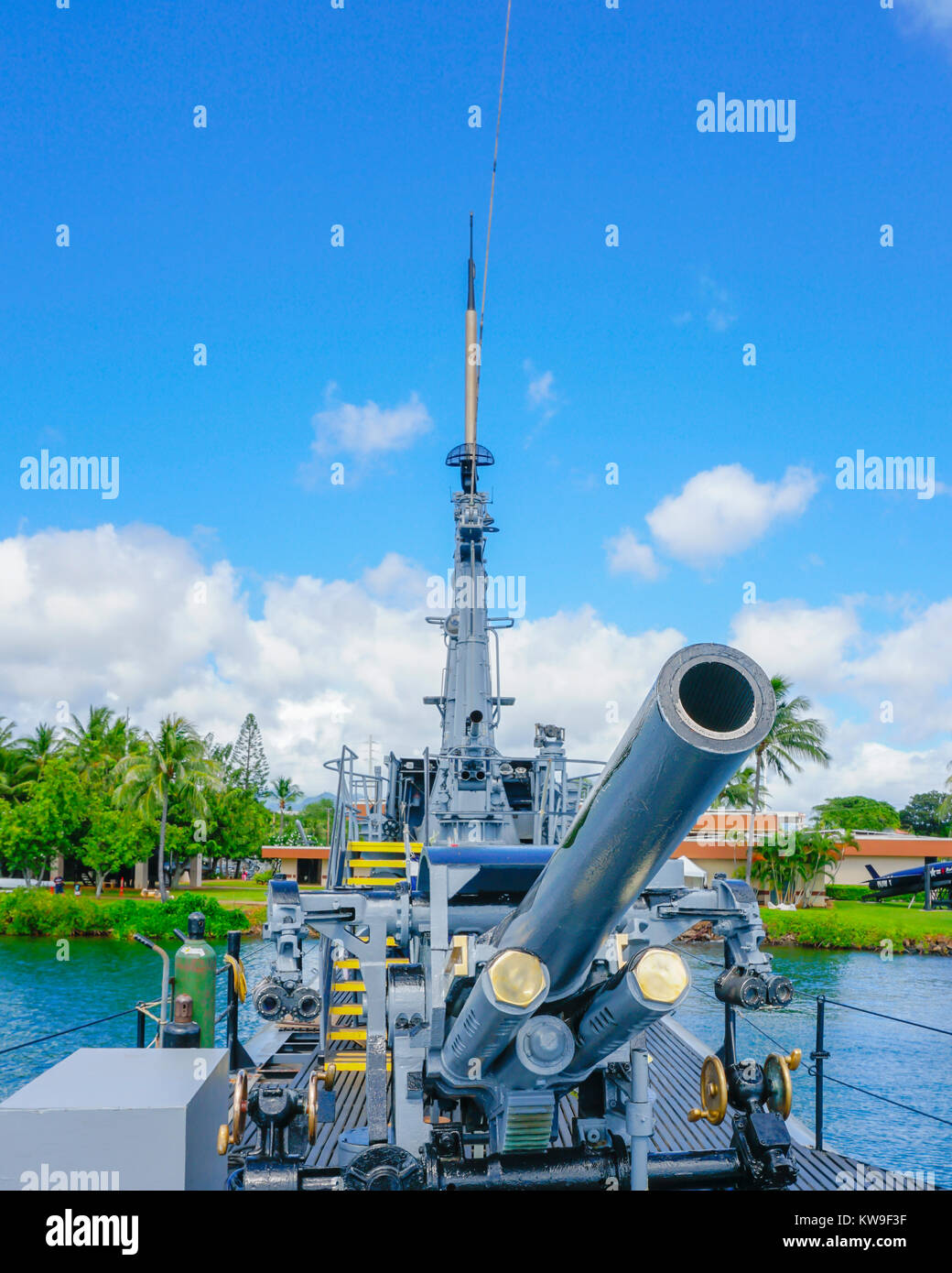 USS Bowfin SS-287 5.25 inch gun. USS Bowfin Submarine Museum, Pearl Harbor, Hawaii. Stock Photo