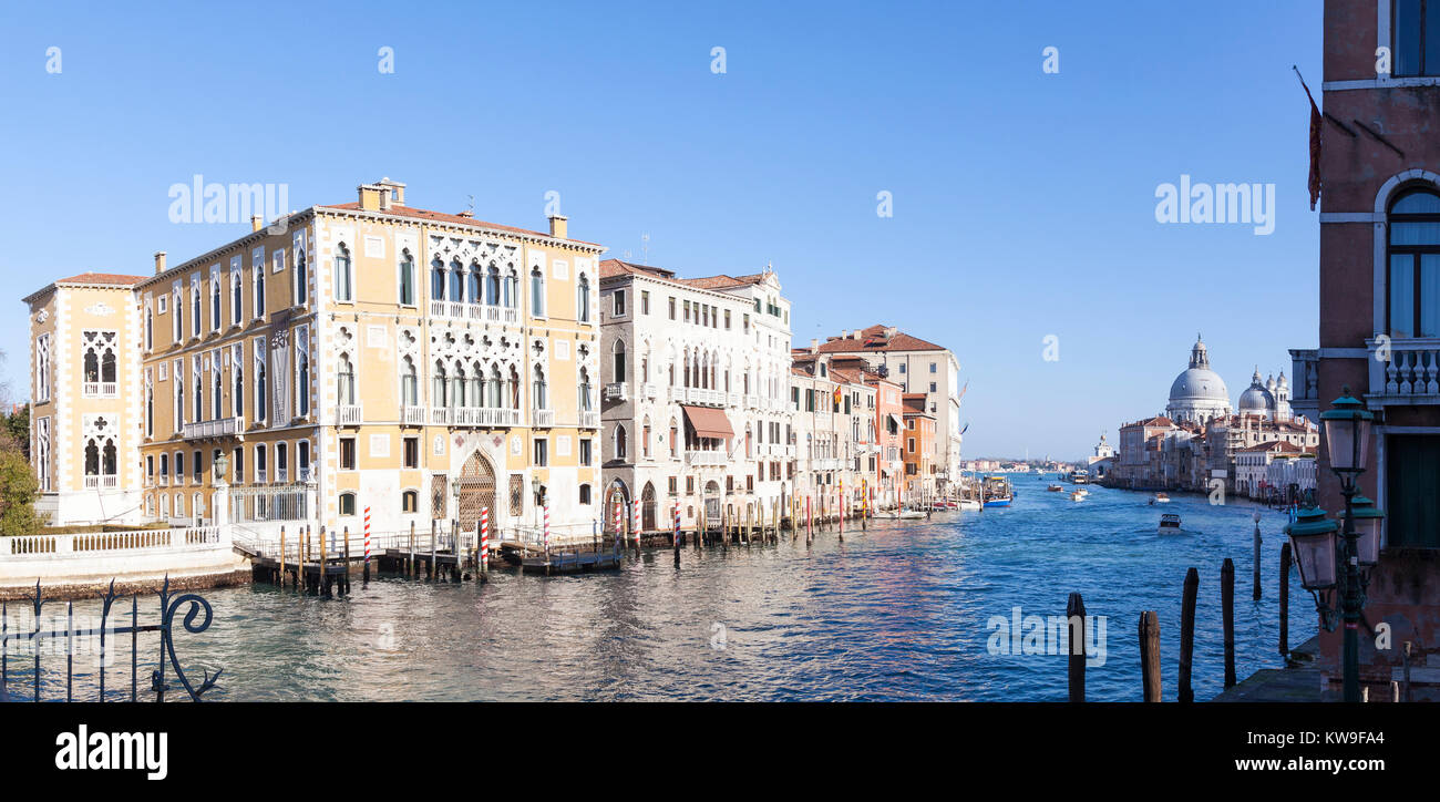 Panorama view of the Grand Canal, Venice, Veneto, Italy with Palazzo Cavalli-Franchetti and Palazzo Barbaro looking towards Basilica  di Santa Maria d Stock Photo
