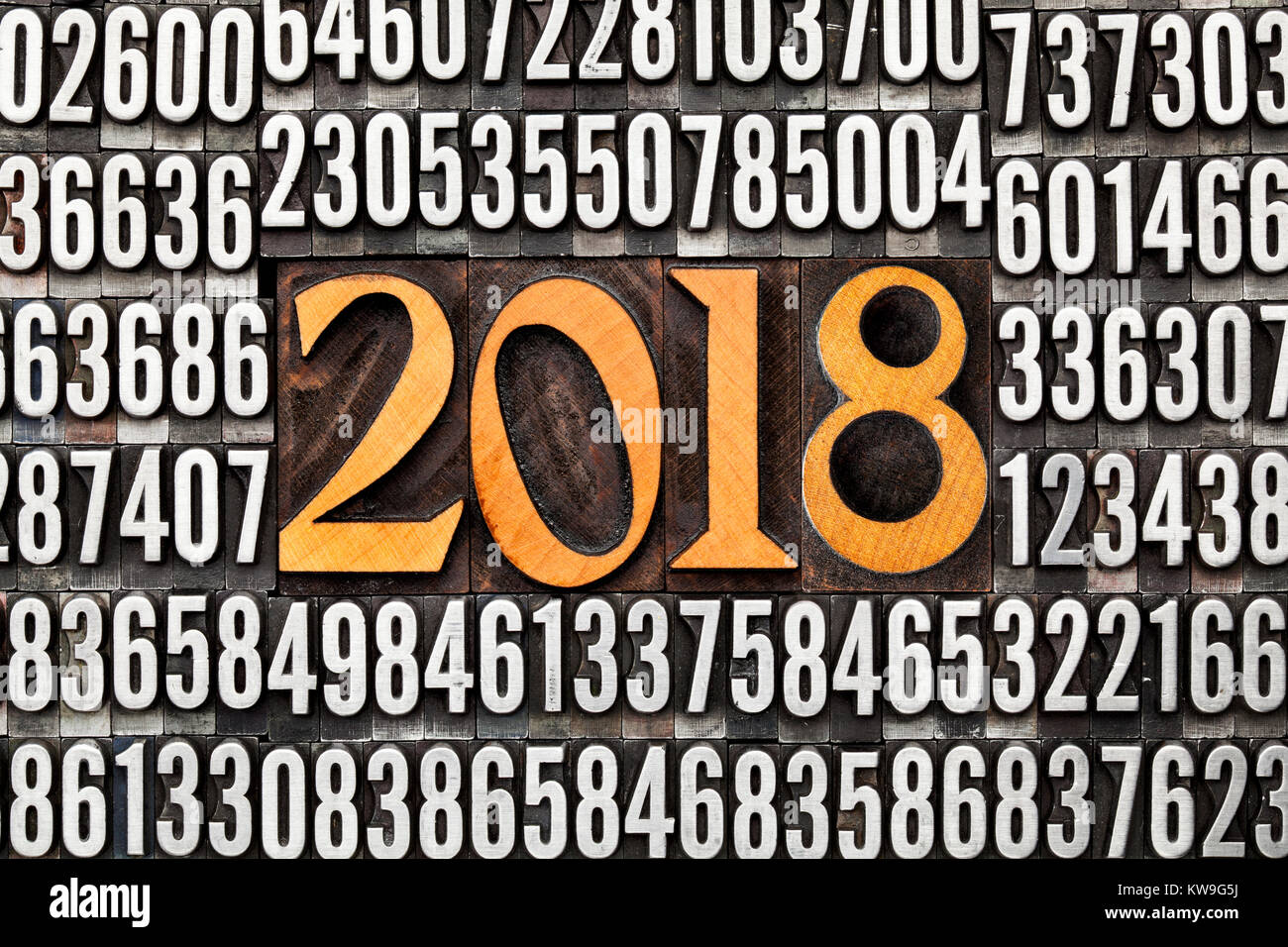 2018 number in vintage wood letterpress priniting blocks surrounded by ...