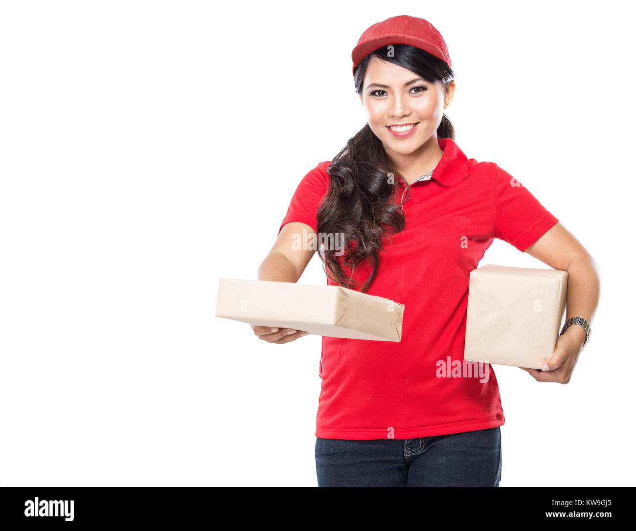 A portrait of Happy Female delivery service with clipboard and package ...