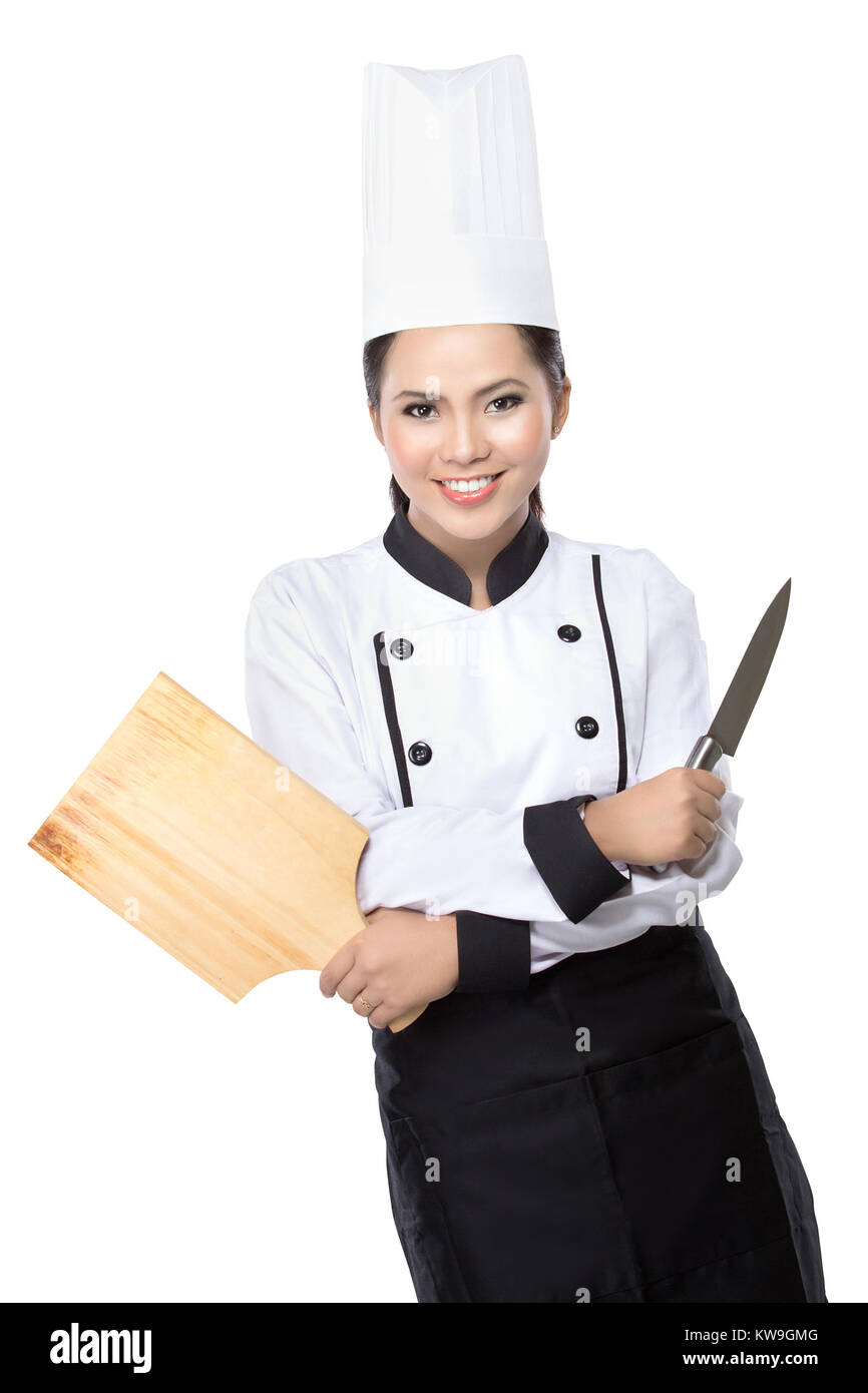 young woman Chef hold knife and wood cutting board Stock Photo - Alamy