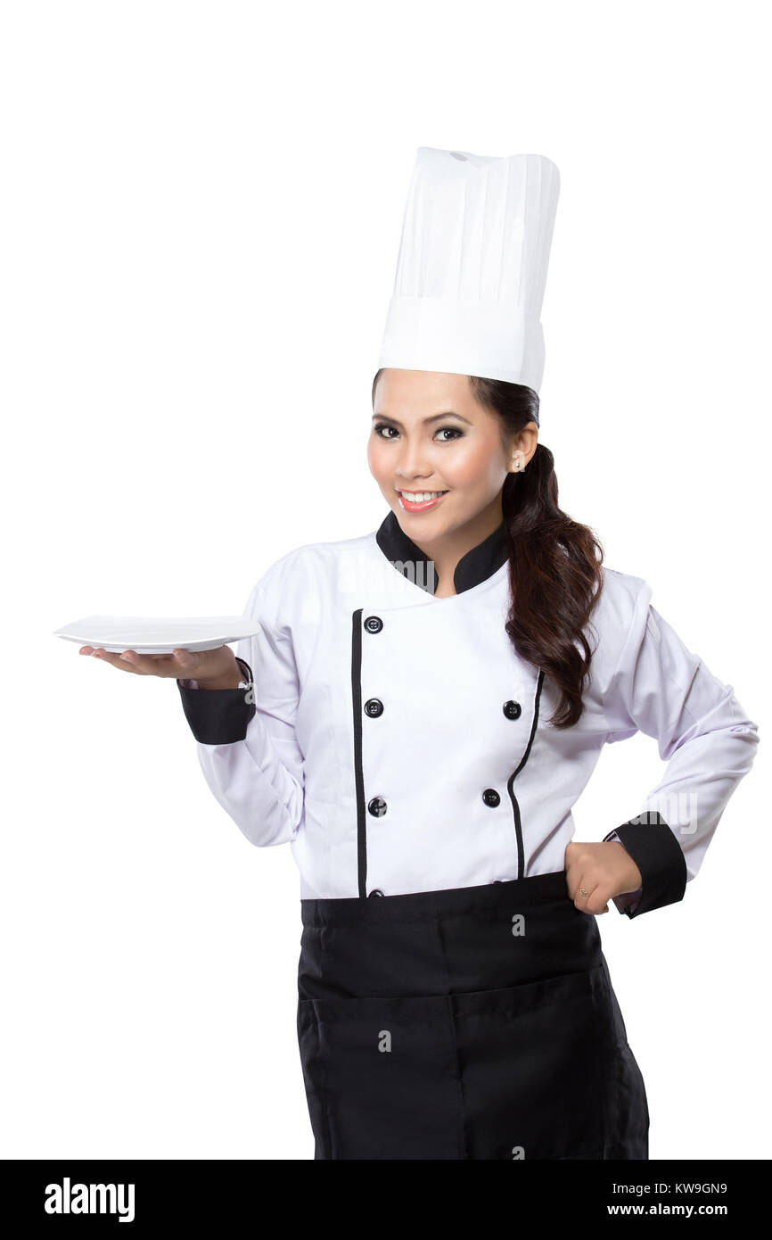 portrait of beauty woman Chef hold a plate and presenting Stock Photo ...