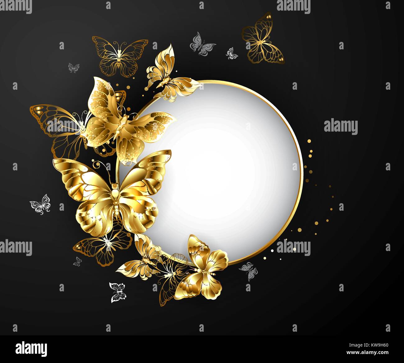 Round banner with gold frame, decorated with gold jewelry butterflies on a black background.  Golden Butterfly. Design with butterflies. Stock Vector