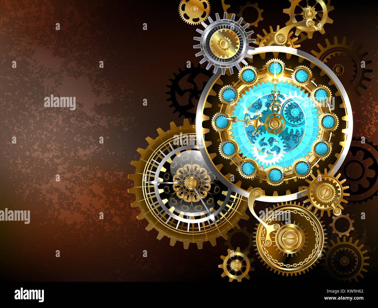 Composition of unusual antique watches and gold and brass gears on a brown, rusty background. Steampunk style. Stock Vector