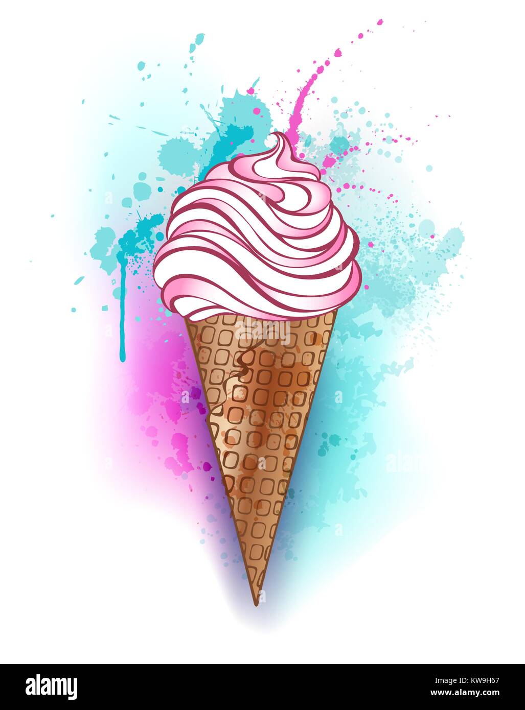 Pink ice cream with waffle horn, painted in watercolor on a white