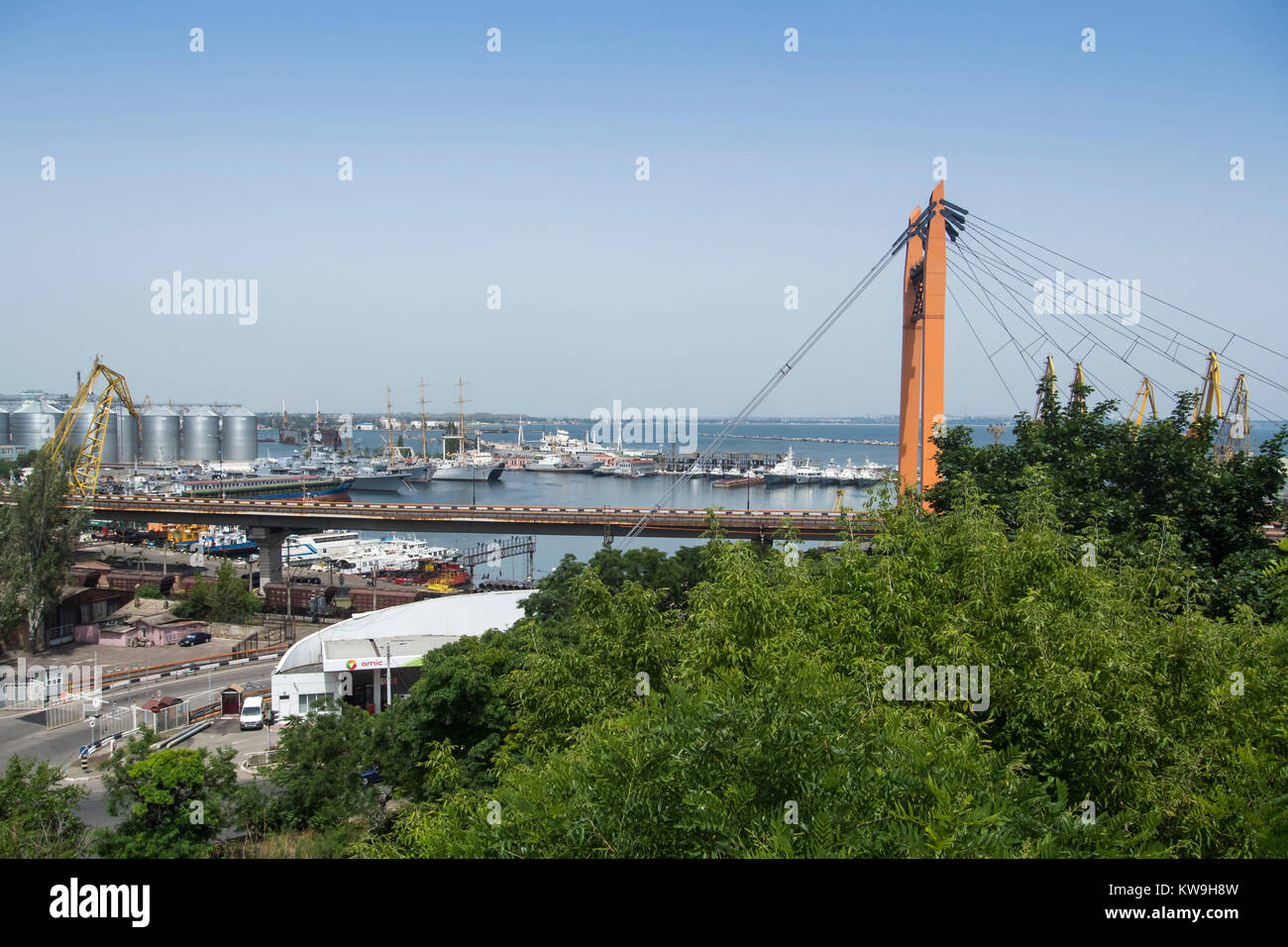 ODESSA, UKRAINE - JUNE 18, 2016:  Road Bridge with Port of Odessa in the background Stock Photo