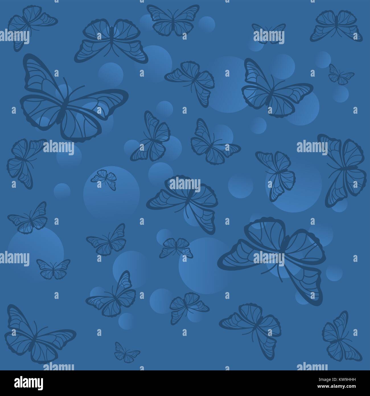 Silhouettes of butterflies with circles on a blue background Stock Vector