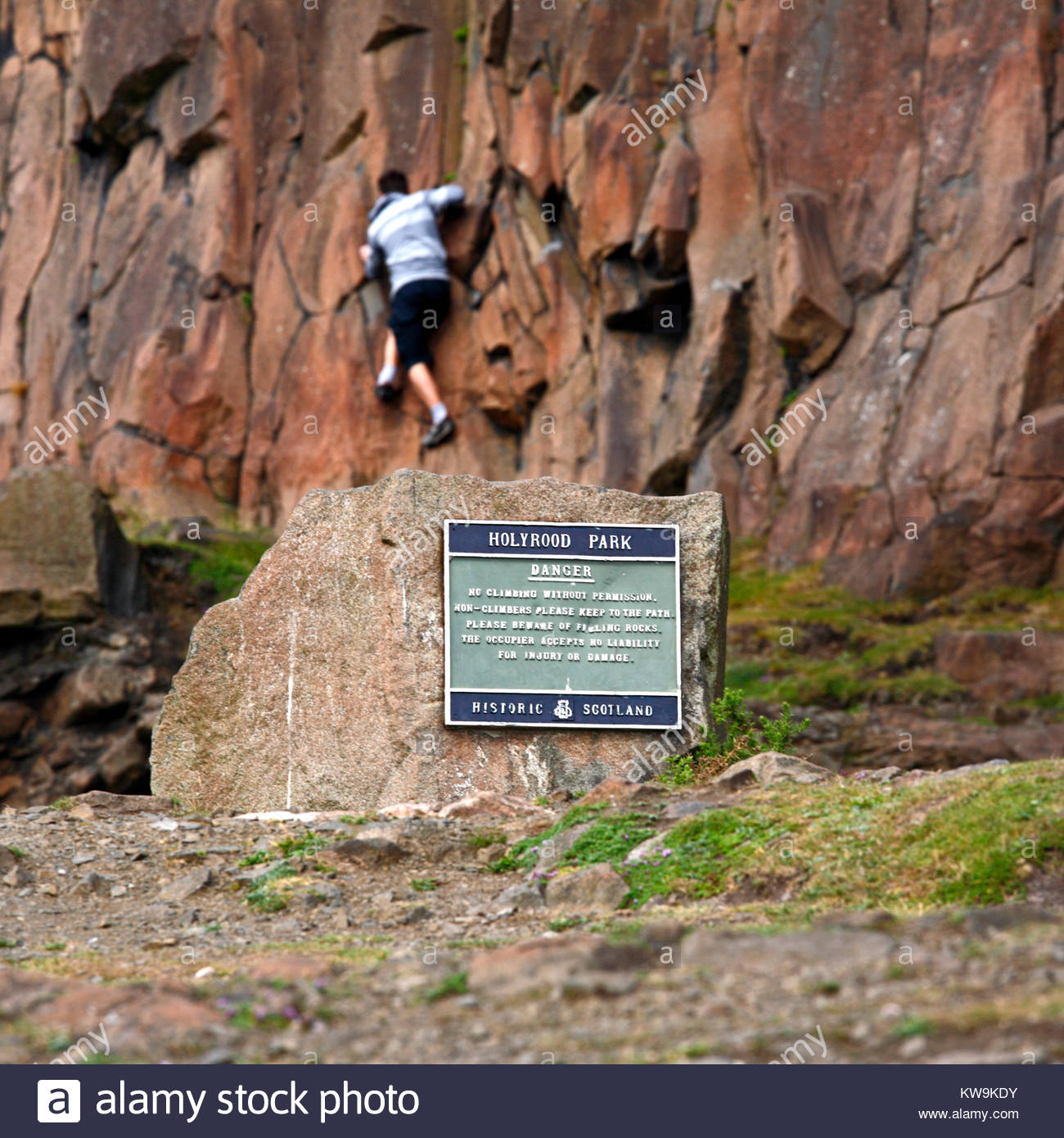 Rock Climber ignoring the warning sign on Salisbury Crags in Holyrood Park, Edinburgh Scotland Stock Photo