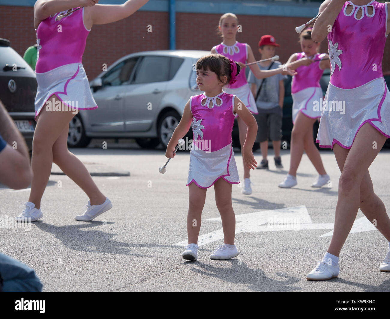 Young girls cheerleaders on parade in Bram, southern France Stock Photo