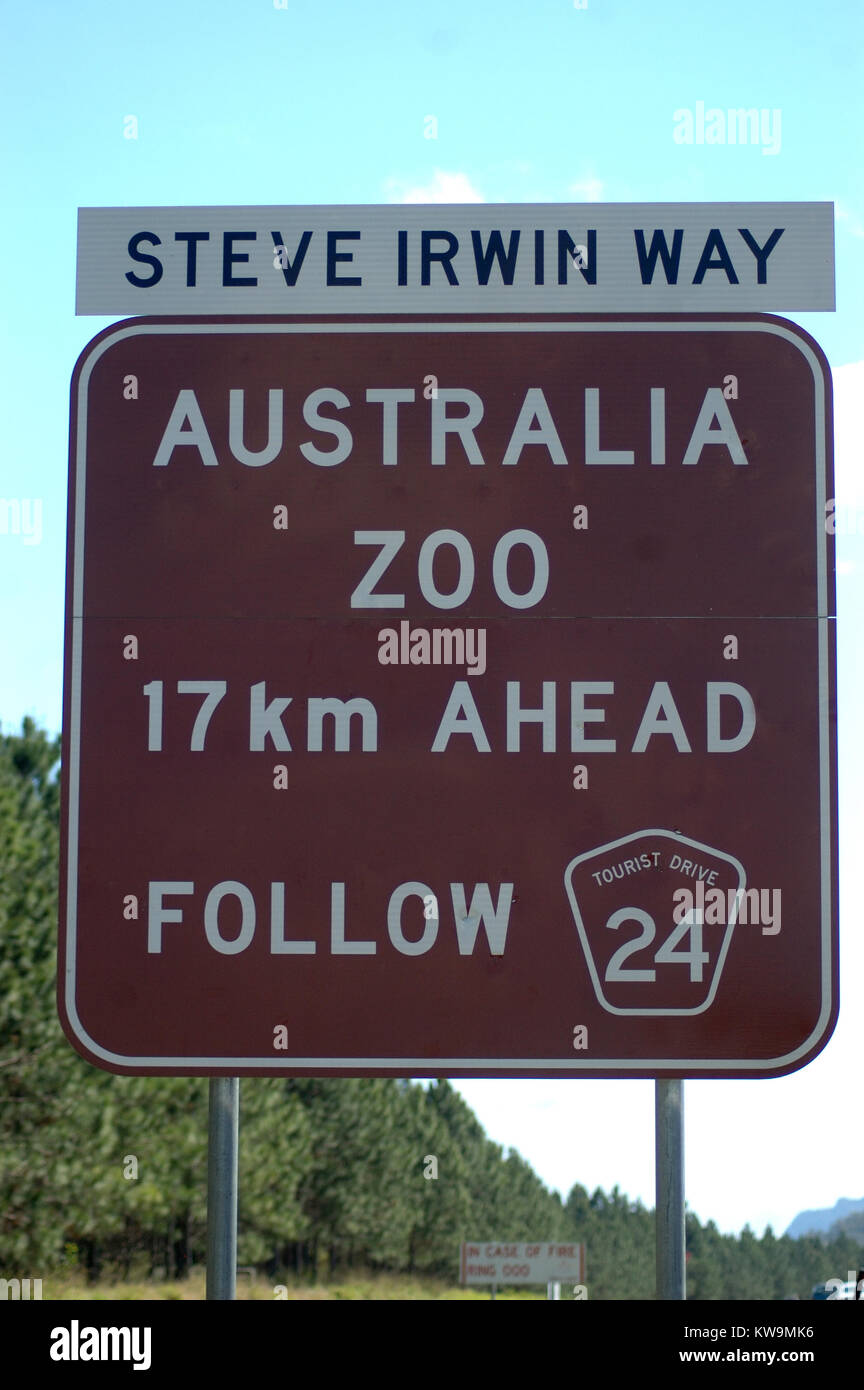 road sign for the Steve Irwin Way, leading to the Australia Zoo, Beerwah, Queensland, Australia Stock Photo