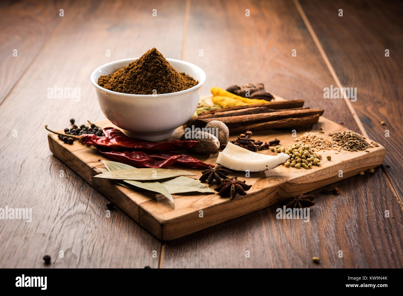 Colourful spices for Garam Masala. Food ingredients for garam masala