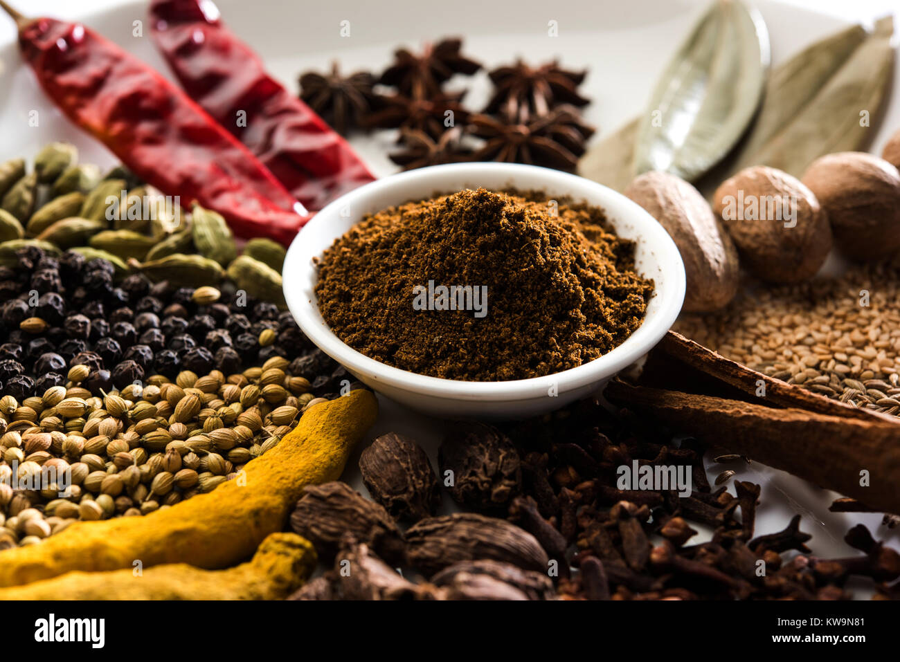 Colourful spices for Garam Masala. Food ingredients for garam masala,  indian spice mix with Powder. Selective focus Stock Photo - Alamy