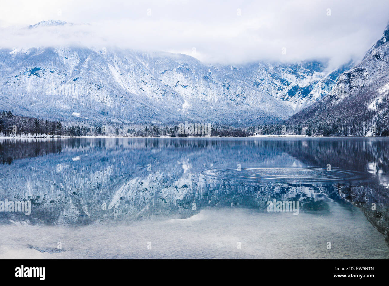 The stunning serenity of Lake Bohinj, Slovenia, is captured in this wonderful image, perfect to adorn the front of a Christmas card or postcard. Stock Photo