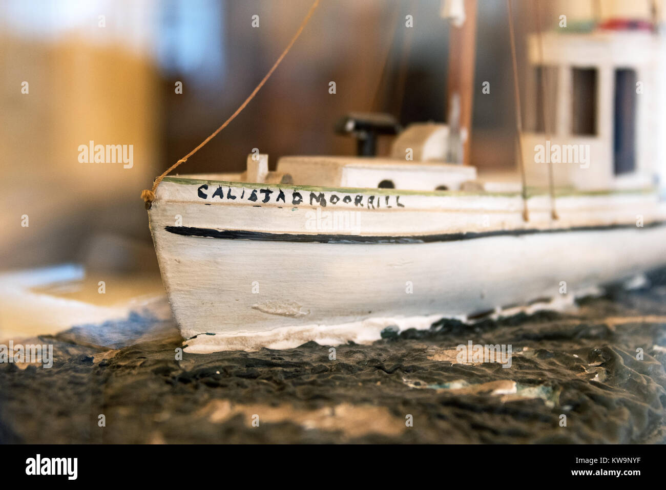 The 'Calista D. Moorill,' a model ship at the Maine Seacoast Mission, Bar Harbor, Maine, USA Stock Photo