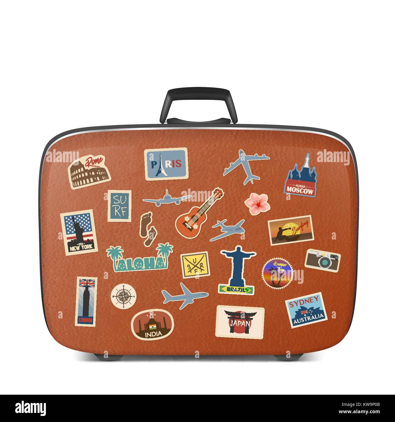 Vector travel stickers labels with famous countries cities monuments and symbols on suitcase in retro vintage style isolated on white. Includes Italy France Russia USA England India Japan etc Stock Ve...
