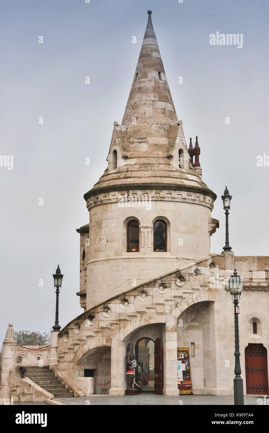 BUDAPEST, HUNGARY - FEBRUARY 20, 2016: Tower of Fisherman's Bastion in Budapest, Hungary Stock Photo