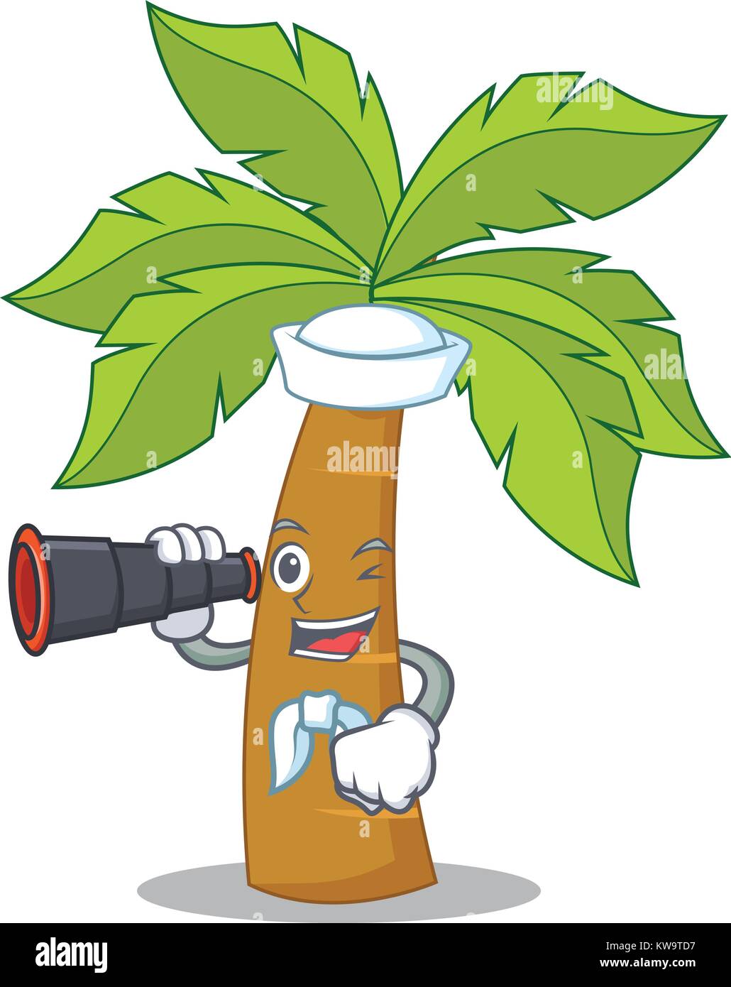 Sailor with binocular palm tree character cartoon Stock Vector