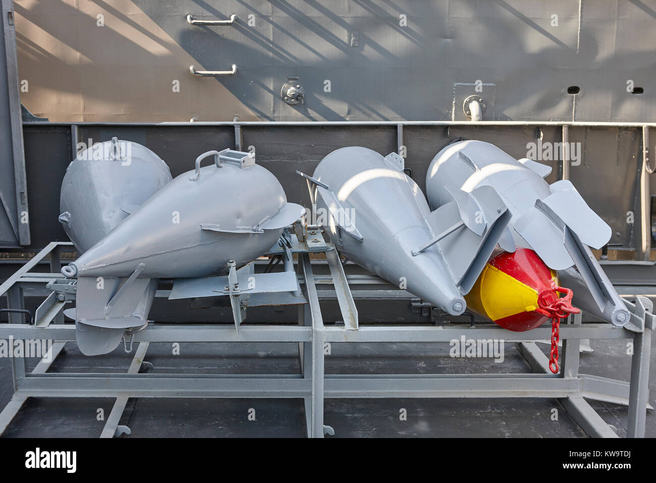 Depths bombs on a destroyer vessel. Old army equipment. Horizontal Stock Photo